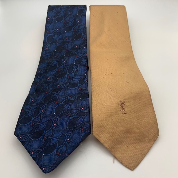 Set of Two Vintage Yves Saint Laurent Silk Ties Blue & Gold - Picture 1 of 15